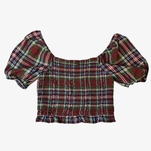 American Eagle Women’s Plaid Smocked Puff Sleeve Crop Top Blouse, Red Green, M